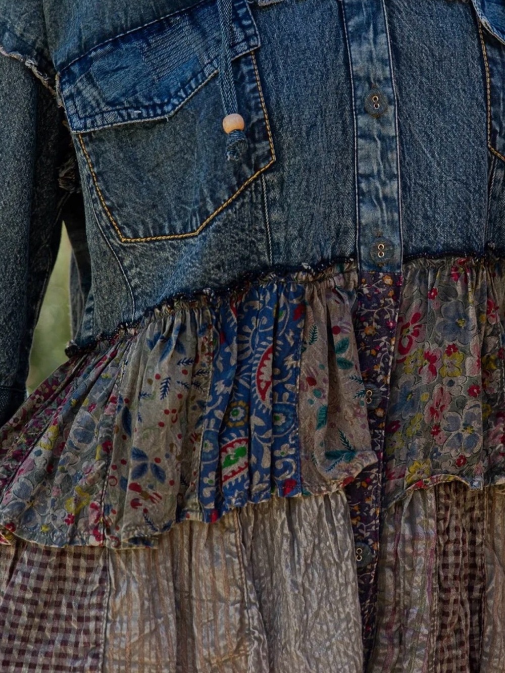 Young Threads NWT Denim Hooded Boho Shirt with Mixed Patchwork Ruffles Size L - Picture 5 of 13